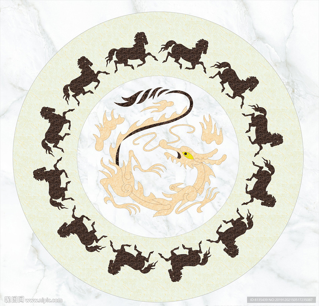 中式马到成功地面拼花花纹地砖图