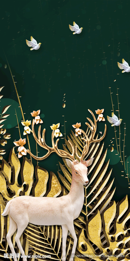 手绘麋鹿玄关画 TIF分层