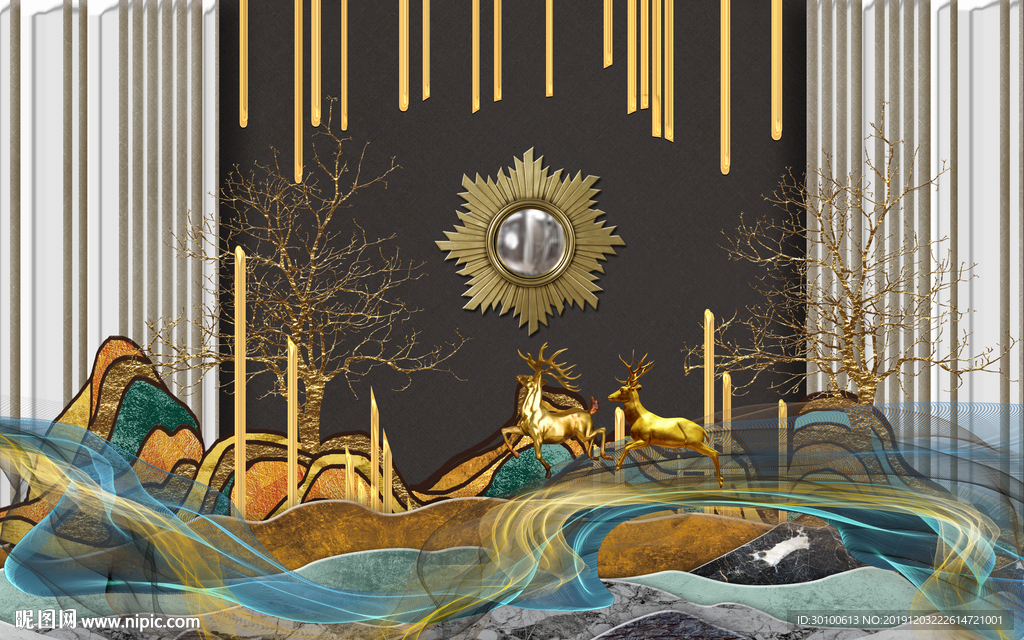 金色麋鹿新款装饰画TIF分层