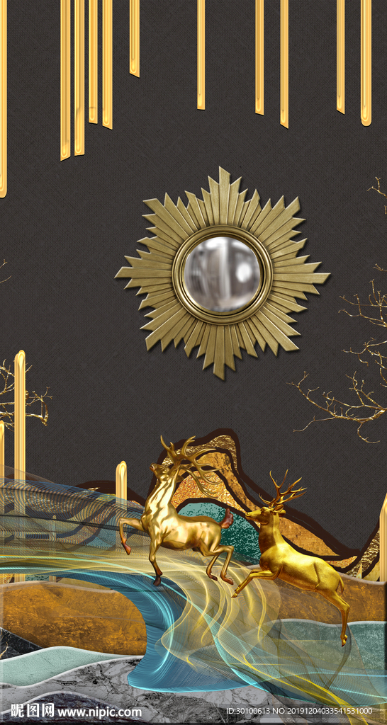 金色麋鹿装饰画 TIF分层