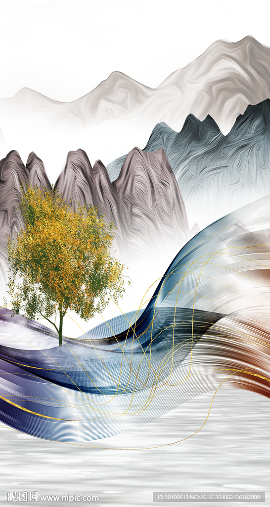 线条山水玄关画 tif分层