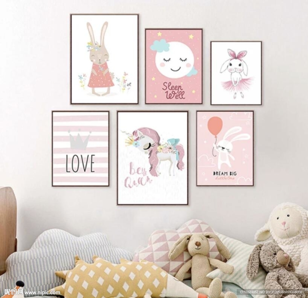 手绘卡通动物公主房装饰画