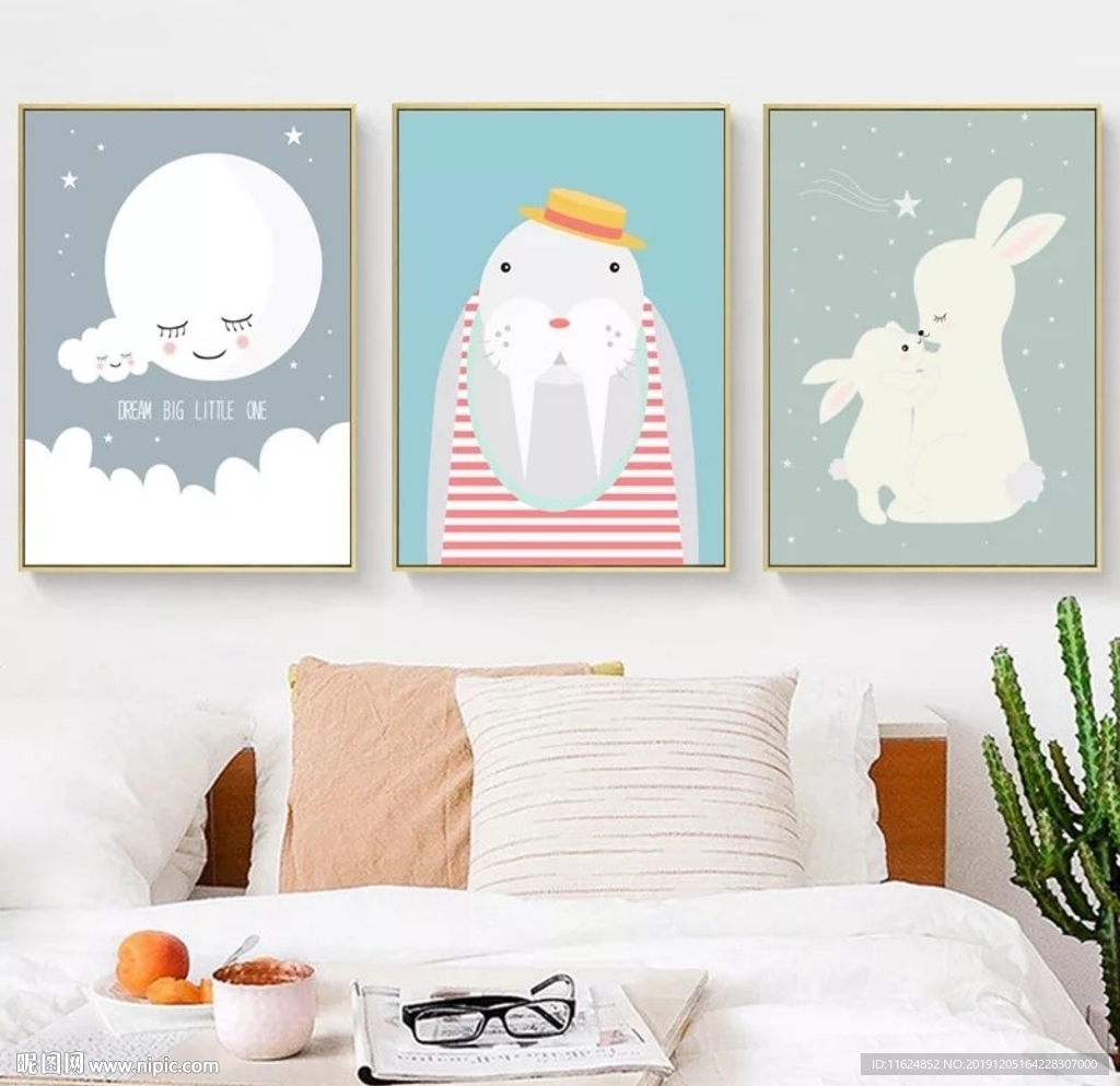 手绘卡通动物公主房装饰画