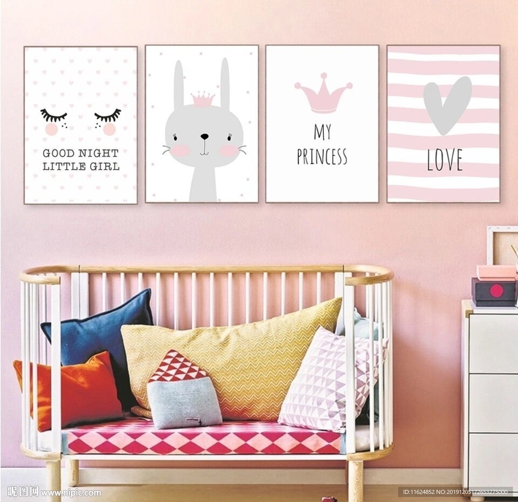 手绘卡通兔子粉色公主房装饰画