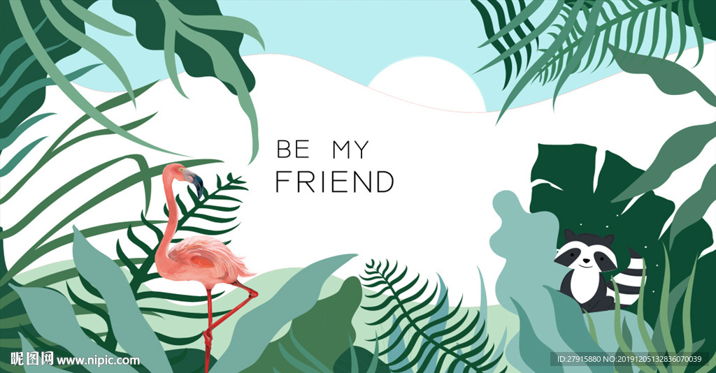 手绘北欧蕉叶火烈鸟动物背景墙