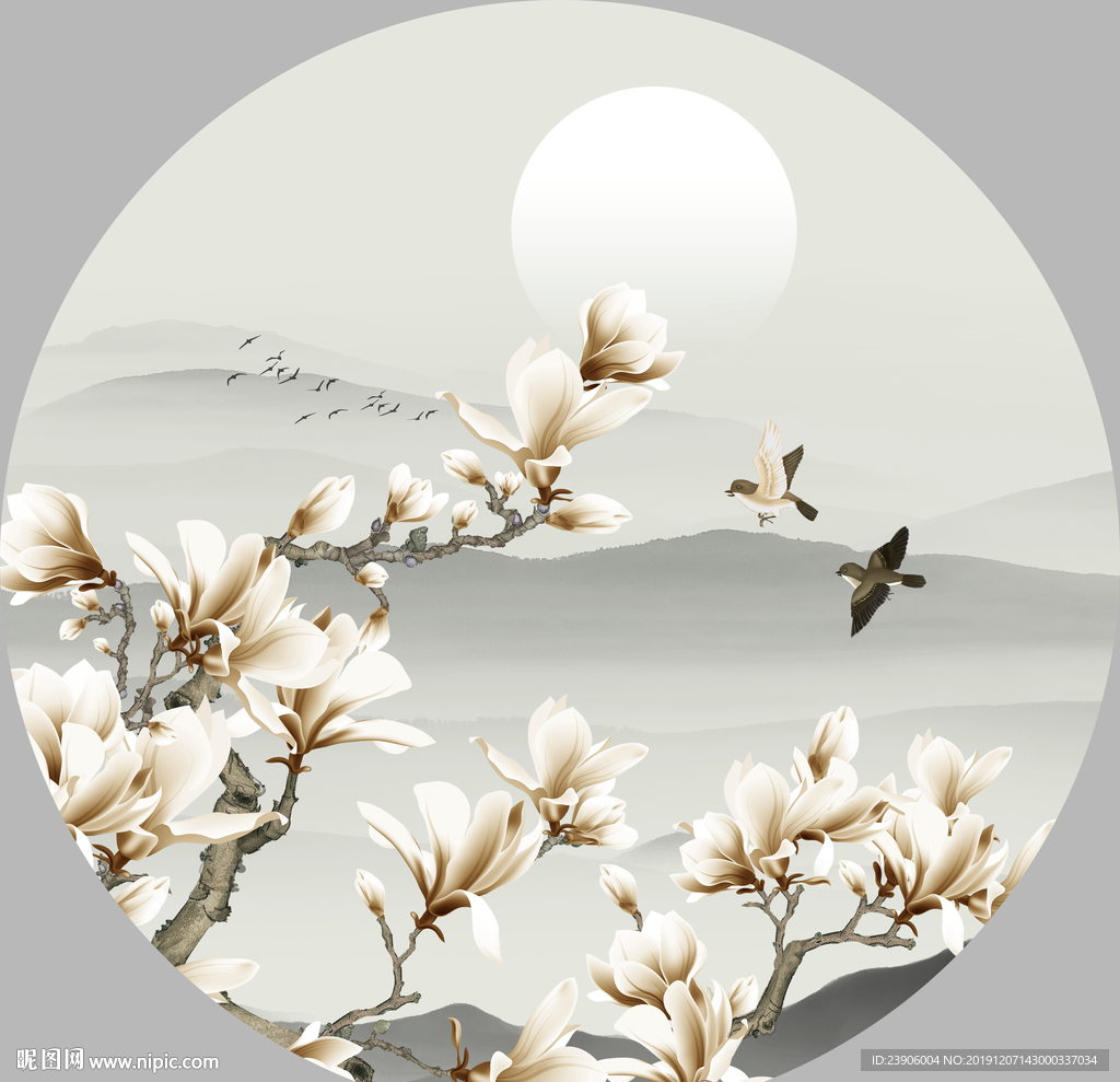 玉兰花鸟 圆形花鸟山水画