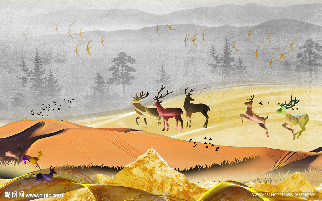 麋鹿 欧式背景墙画 TIF分层