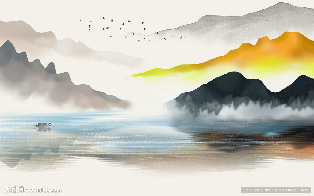 七彩山水意境墙画 TIF分层