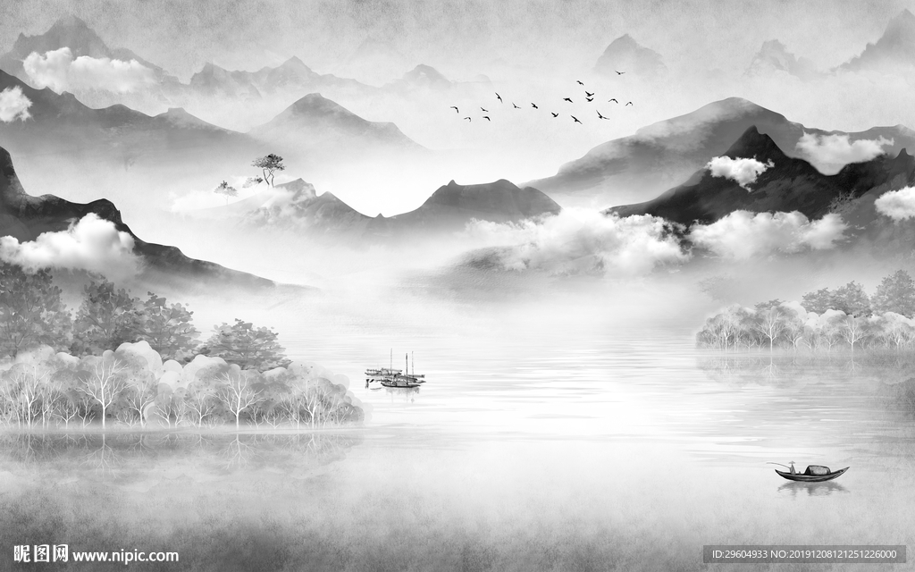 中国风山水情国画 TIF分层