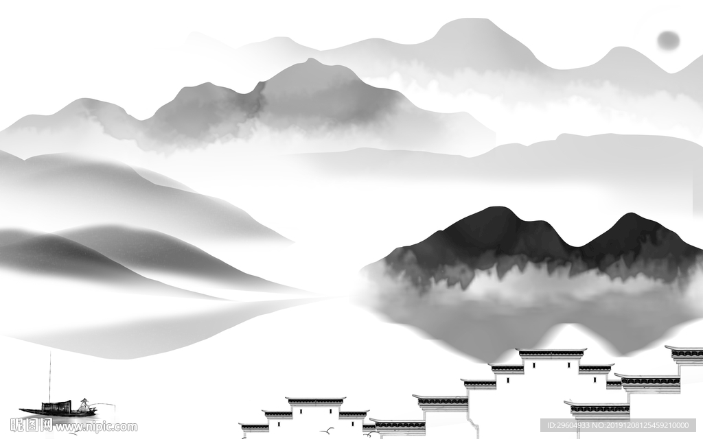 中式山水情国画 TIF分层