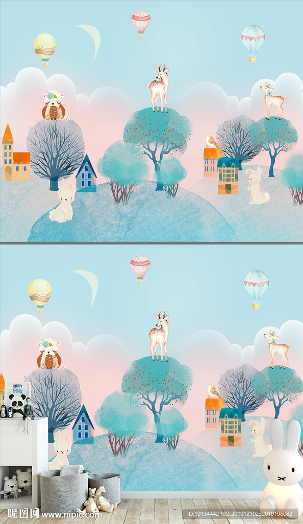 童话小乡村手绘水彩儿童房背景墙