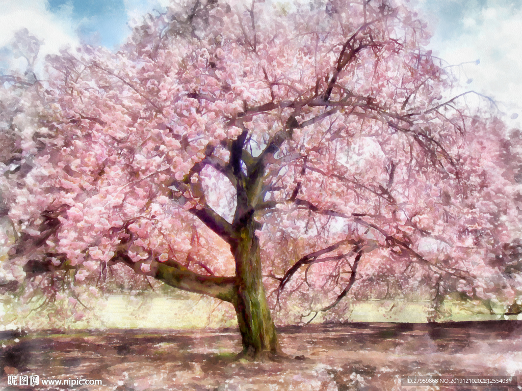 水彩樱花树