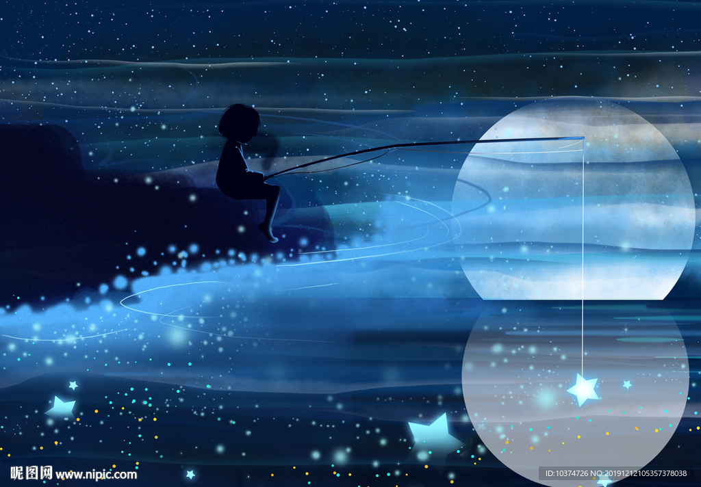 夜色海边垂钓插画海报