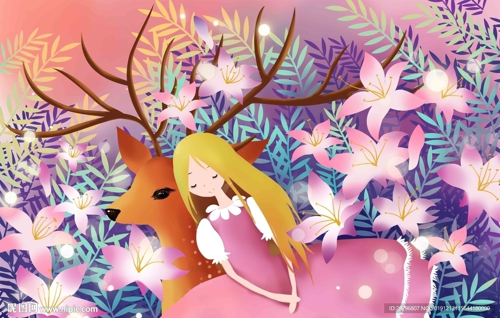 唯美鹿与百合手绘壁画背景墙