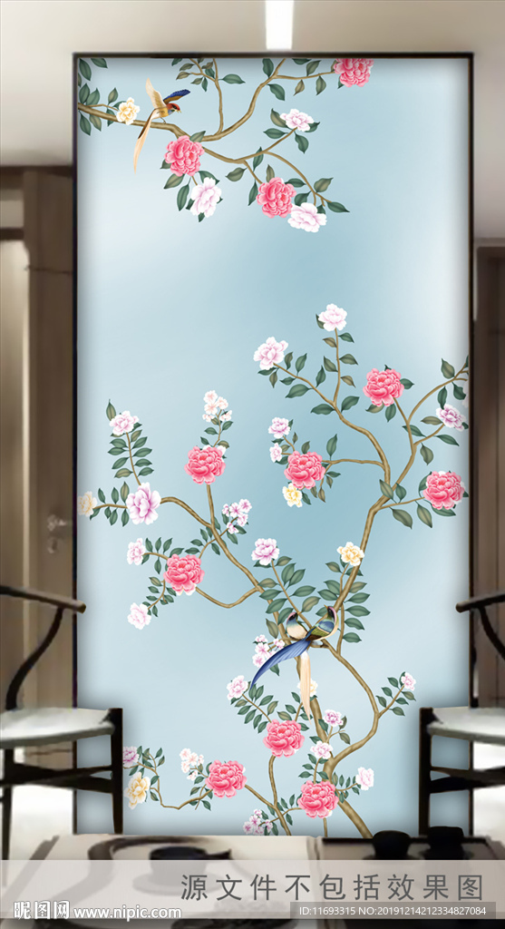 手绘工笔花鸟玄关画