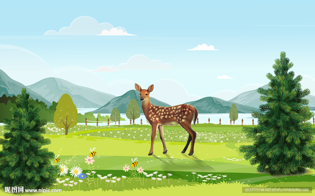 蓝天白云草地梅花鹿