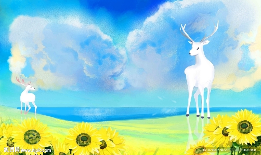 手绘麋鹿向日葵小清新背景墙