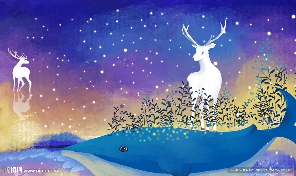 鲸鱼星空小清新唯美插画