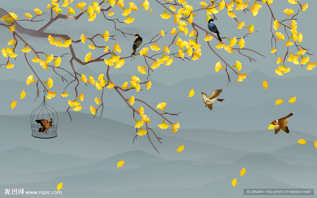 手绘银杏工笔花鸟新中式背景