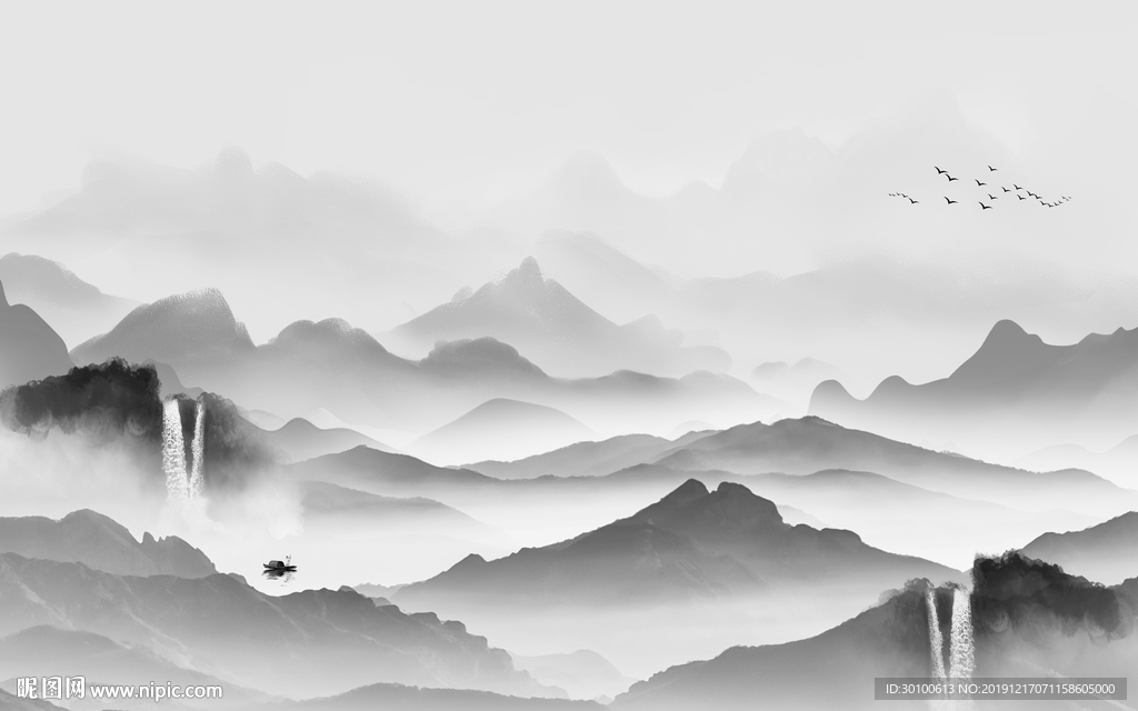 新中式山水水墨国画 TIF分层