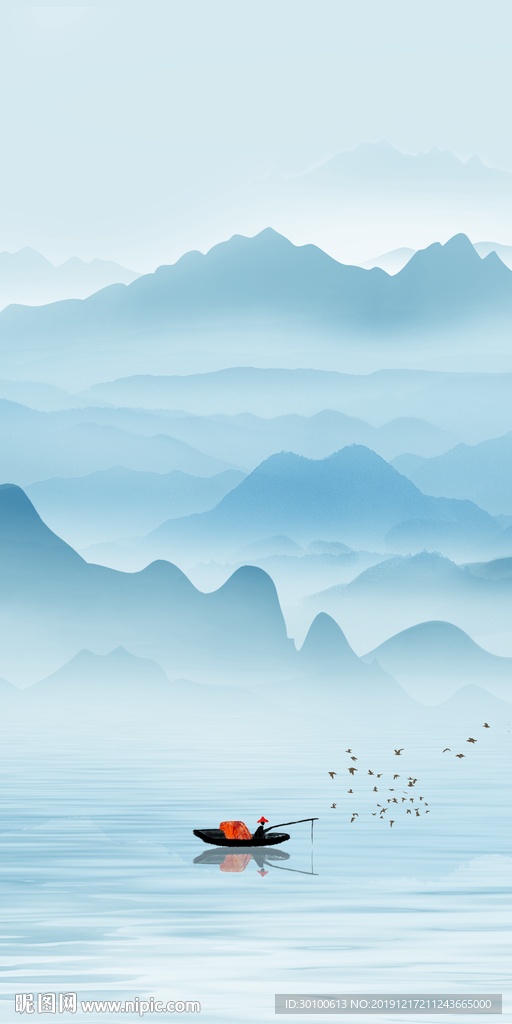 蓝色山水玄关新画 tif分层