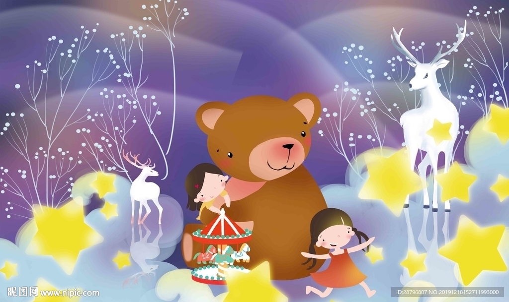 唯美卡通人物熊麋鹿儿童房背景墙