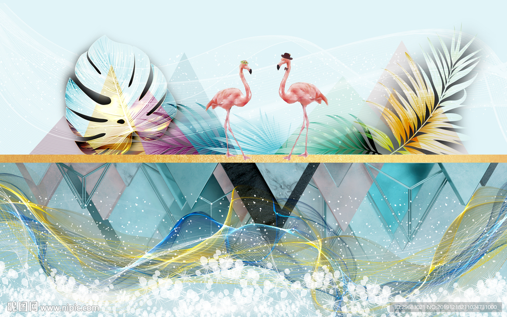 几何装饰火烈鸟墙画 TIF分层