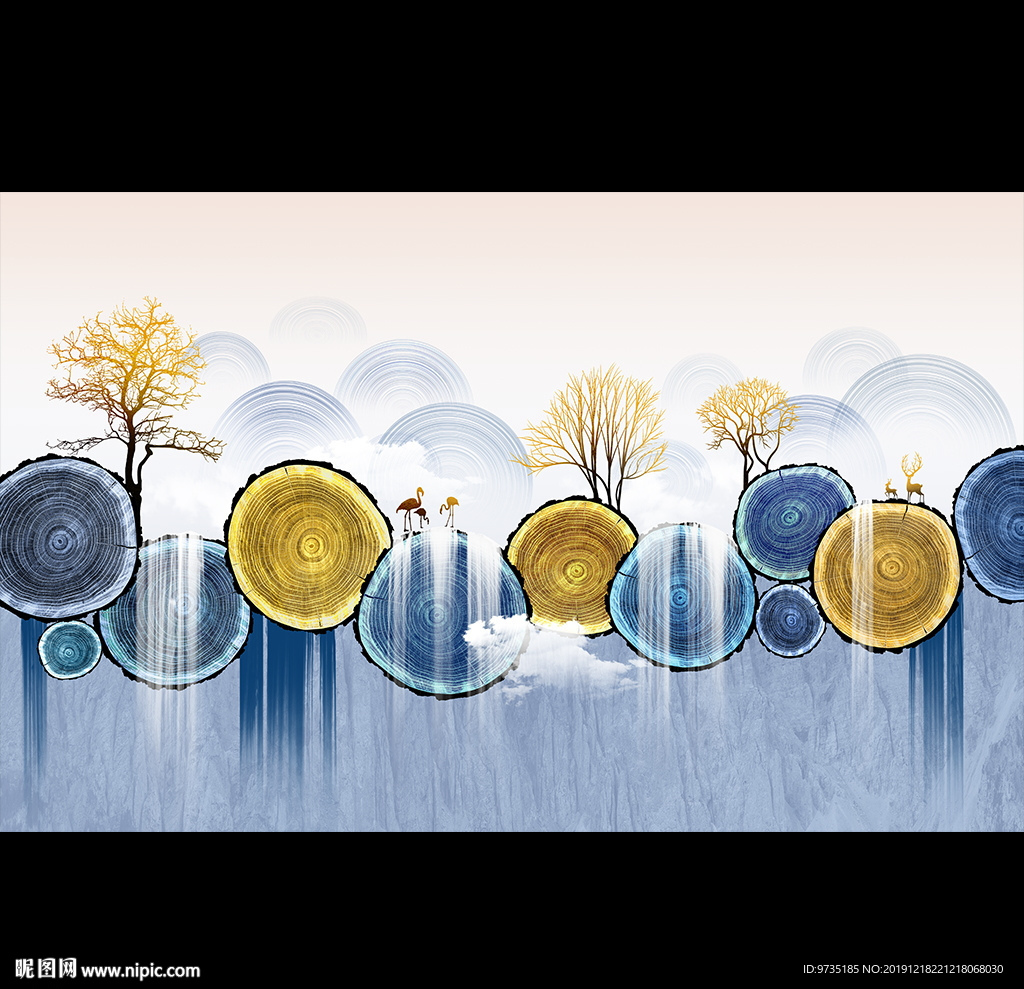 北欧轻奢发财树瀑布创意山水背景