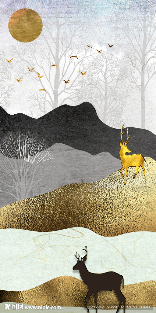 金色麋鹿玄关画 TIF分层