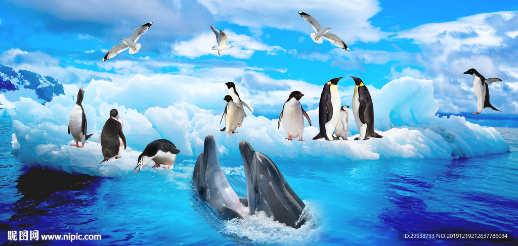 北极冰川海豚企鹅背景墙