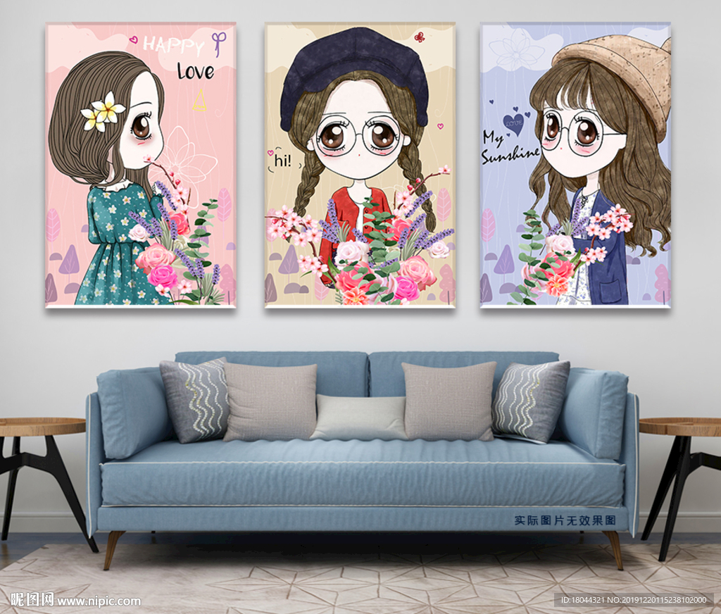 手绘可爱卡通女孩花朵无框画