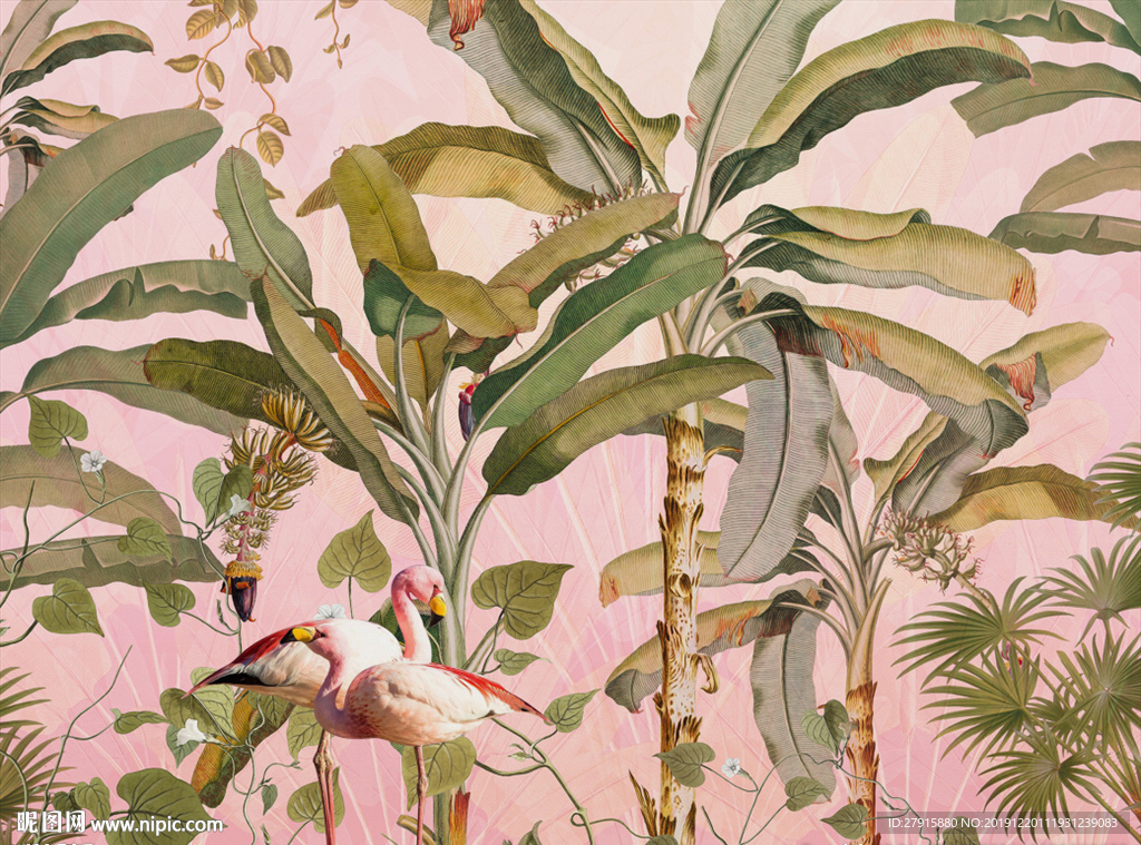 北欧抽象森林树木火烈鸟装饰画