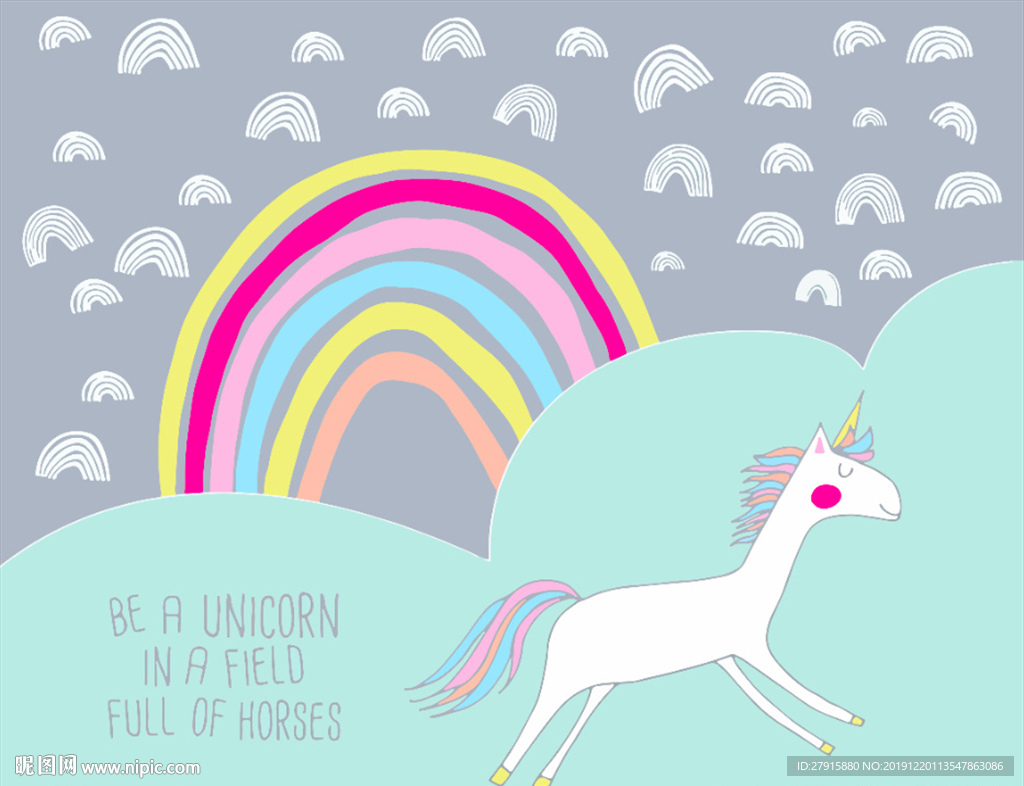 手绘卡通儿童房彩虹马背景墙