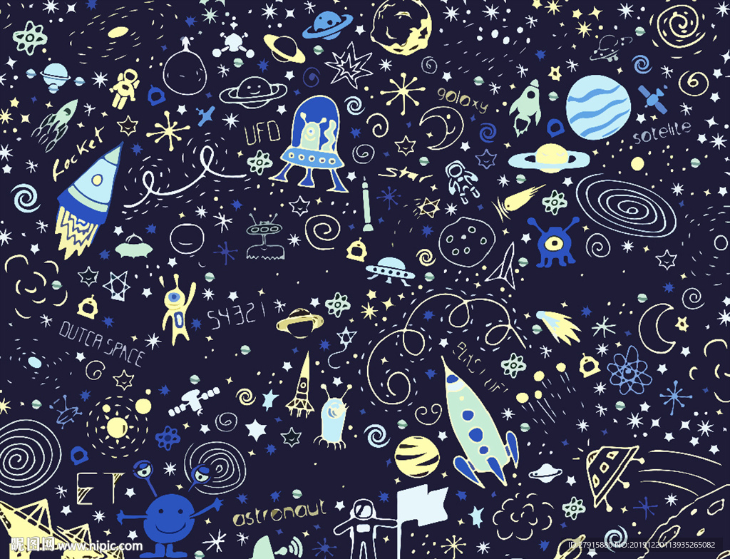 抽象手绘卡通儿童房太空装饰画