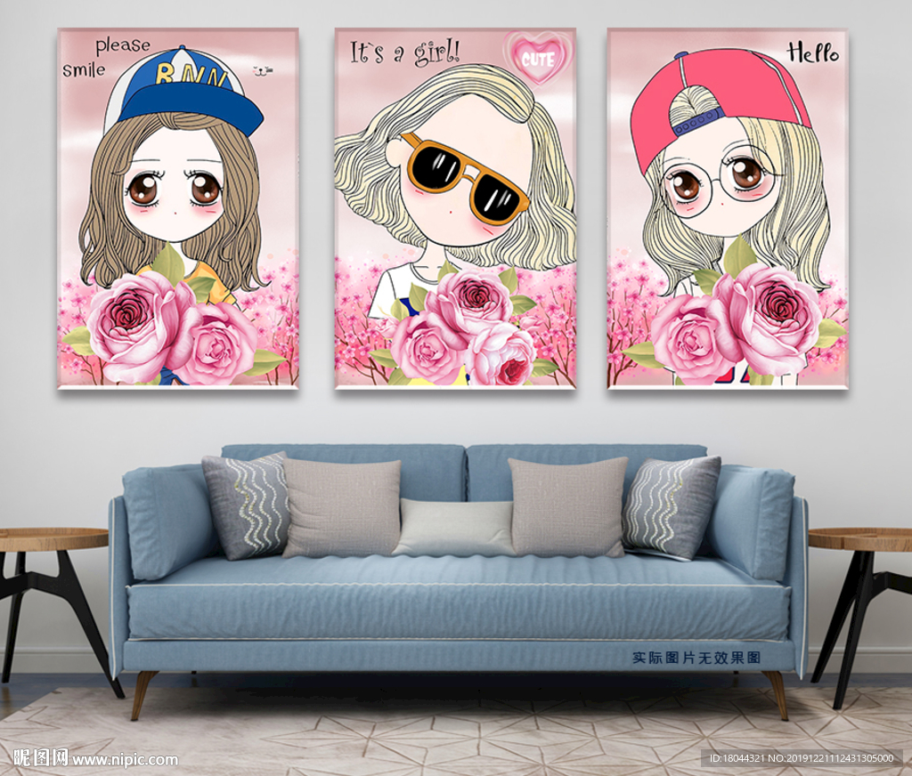 手绘可爱卡通女孩装饰画无框画