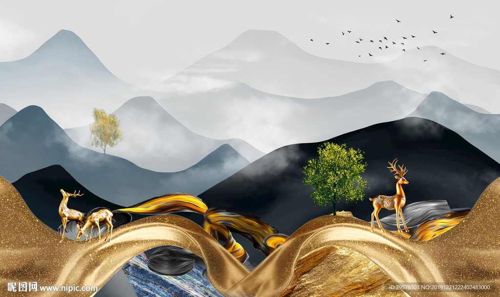 麋鹿山水水墨国画 TIF分层