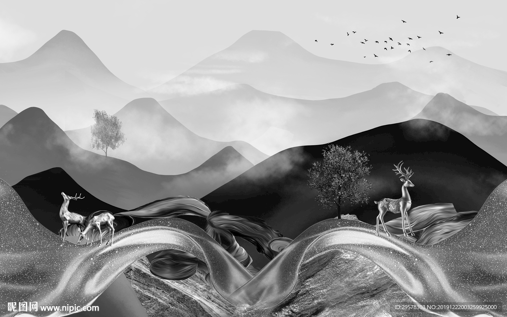 中国风山水新水墨画 TIF分层