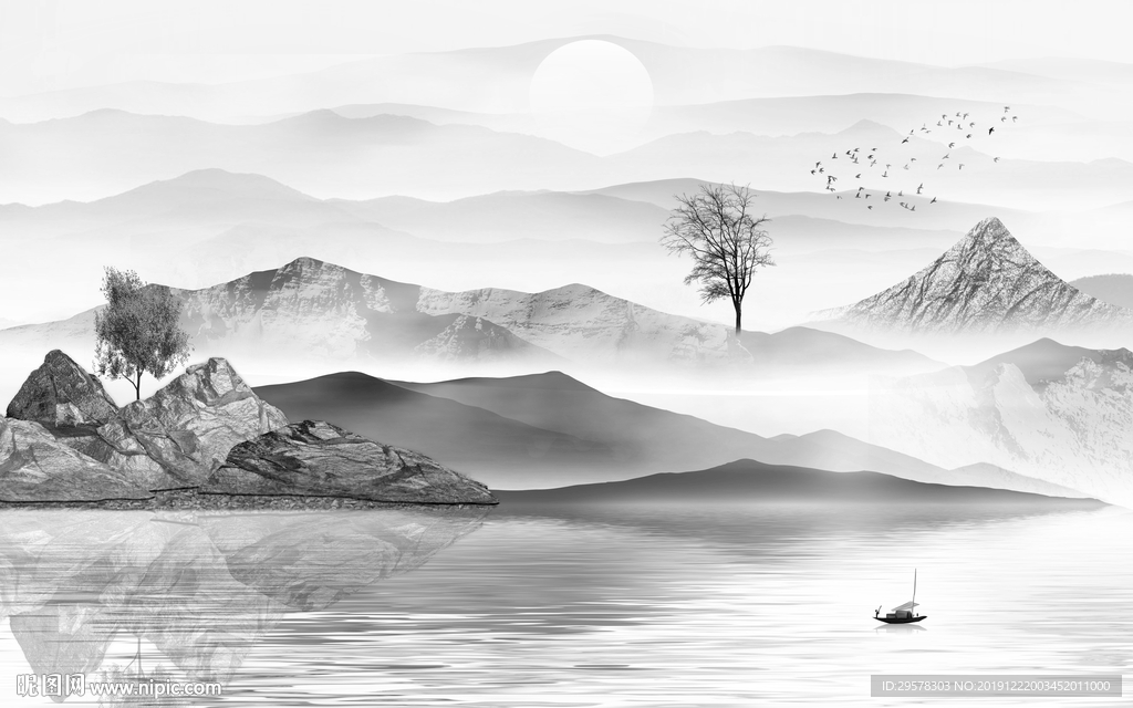 灰色山水新水墨画 TIF分层