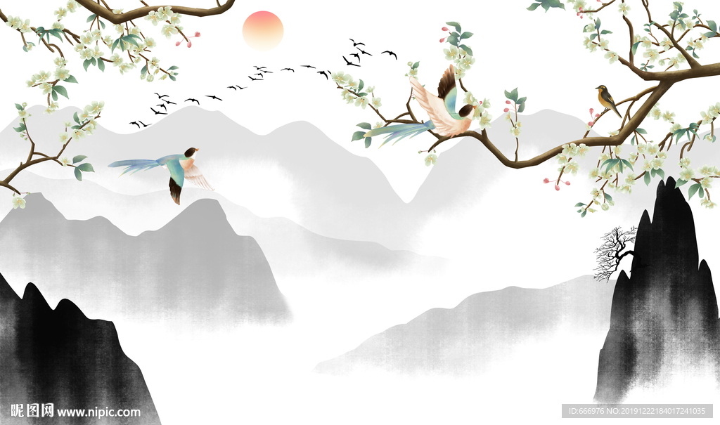 新中式玉兰花开富贵手绘工笔花鸟