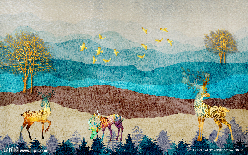 金色北欧麋鹿画 TIF分层