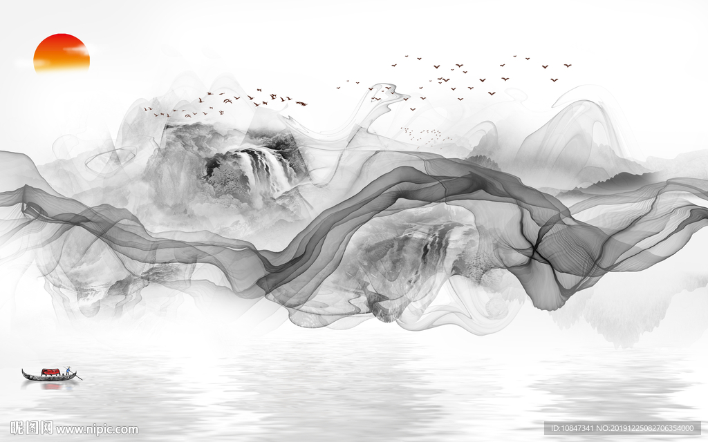 线条山水水墨国画 TIF分层