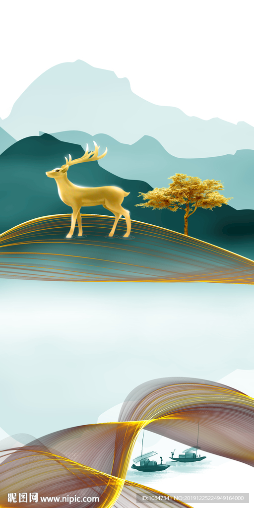 金色新山水背景画 TIF分层