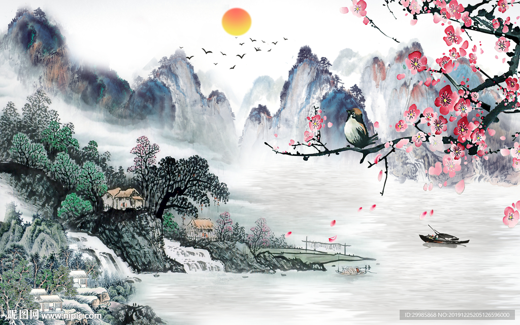 中国风背景墙山水画 tif分层