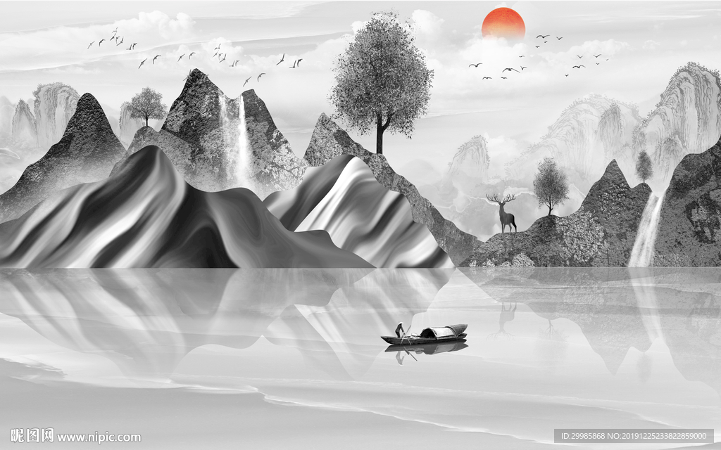 高档 背景墙画山水 tif分层