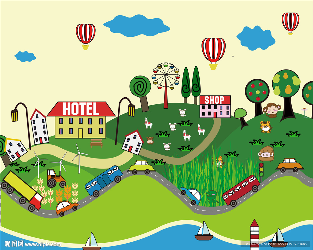 乡村人文风景儿童插画