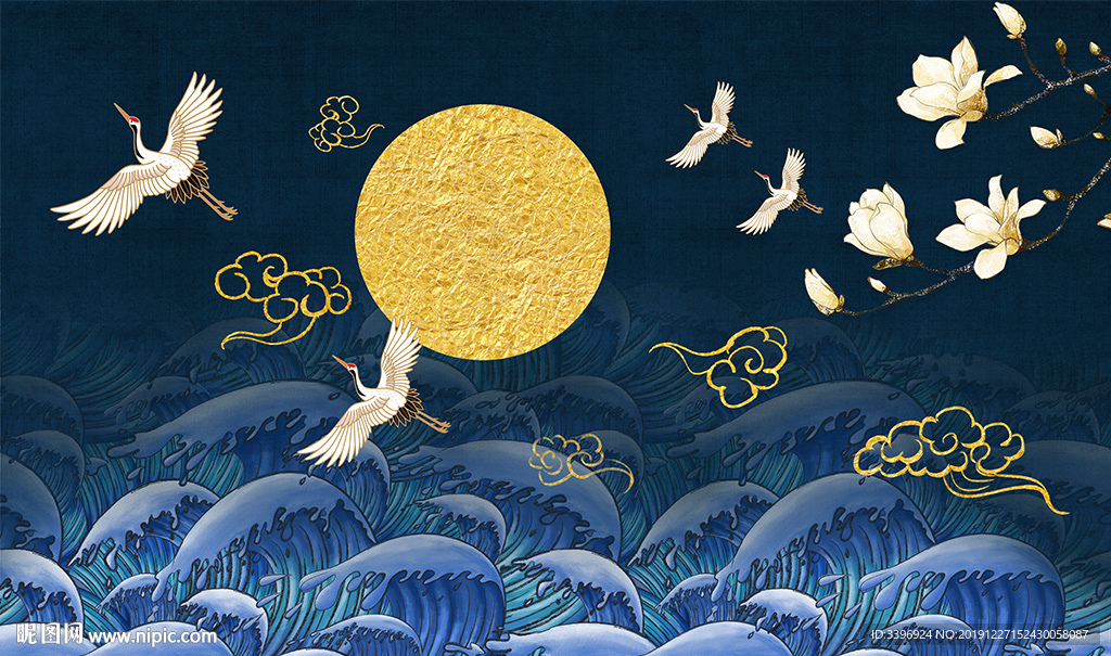 新中式国潮海波纹仙鹤意境背景墙