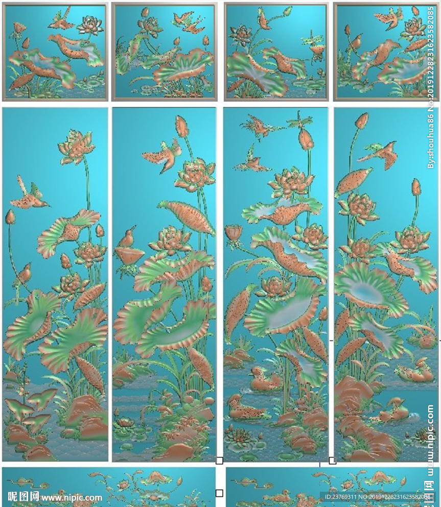 荷花鸟荷花鸳鸯顶箱柜精雕图浮雕