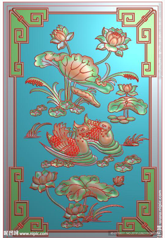 荷花鸳鸯门板背板花鸟精雕图浮雕