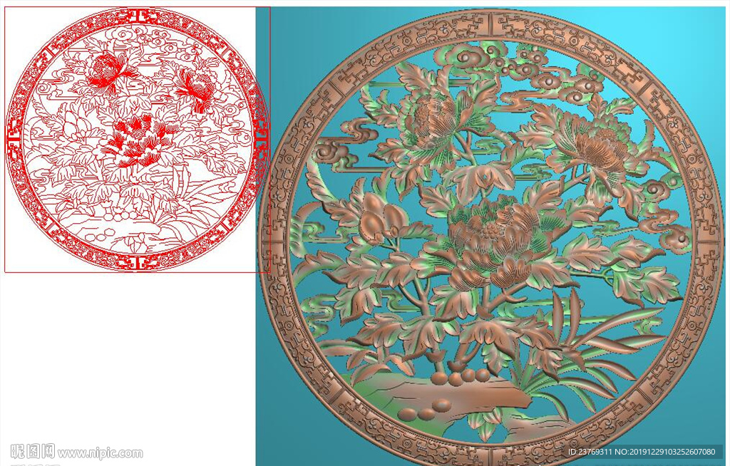 圆形镂空牡丹花挂匾圆屏精雕图