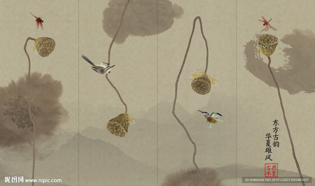 水墨荷花电视墙